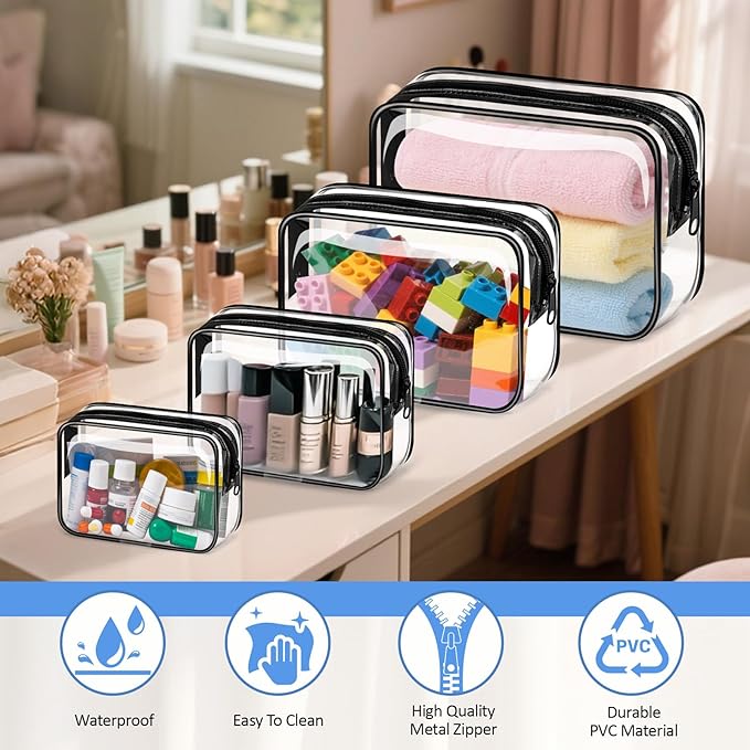 4 Pieces Clear Cosmetic Bags Bulk TSA Approved Toiletry Bag for Travel PVC Waterproof Clear Makeup Pouch with Zipper for Men and Women Carry-on Travel Essentials