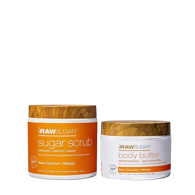 Raw Sugar Mango + Raw Coconut Body Ritual Bundle - Exfoliating Body Scrub and Body Butter, Formulated without Sulfates + Parabens, Body Care Products for Women & Men