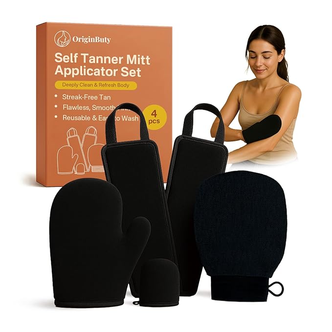 4 Pack Self Tanning Mitt Applicator Kit,Tanning Glove for Self Tan Mitt,Self Tanner Back Applicator,Mini Tan Mit, Exfoliating Mitt, for Sunless Streak-Free Fake Tanning