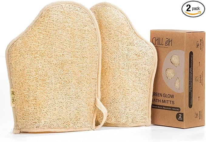 Chill Ah Green Glow Dual-Sided Loofah Bath Mitts (2-Pack) – 100% Plant-Based, Dye-Free, Biodegradable, Handcrafted in Vietnam – Natural Exfoliating Gloves for Glowing Skin
