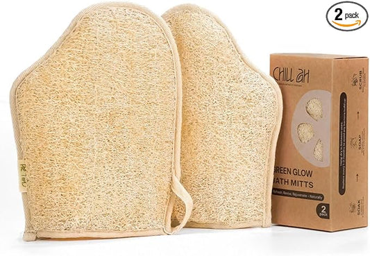 Chill Ah Green Glow Dual-Sided Loofah Bath Mitts (2-Pack) – 100% Plant-Based, Dye-Free, Biodegradable, Handcrafted in Vietnam – Natural Exfoliating Gloves for Glowing Skin