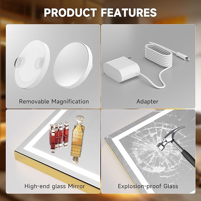 Hasipu Vanity Mirror with Lights, 32" x 20" LED Makeup Mirror, Lighted Makeup Mirror with Dimmable 3 Modes, Touch Screen Control Vanity Mirror Square Gold