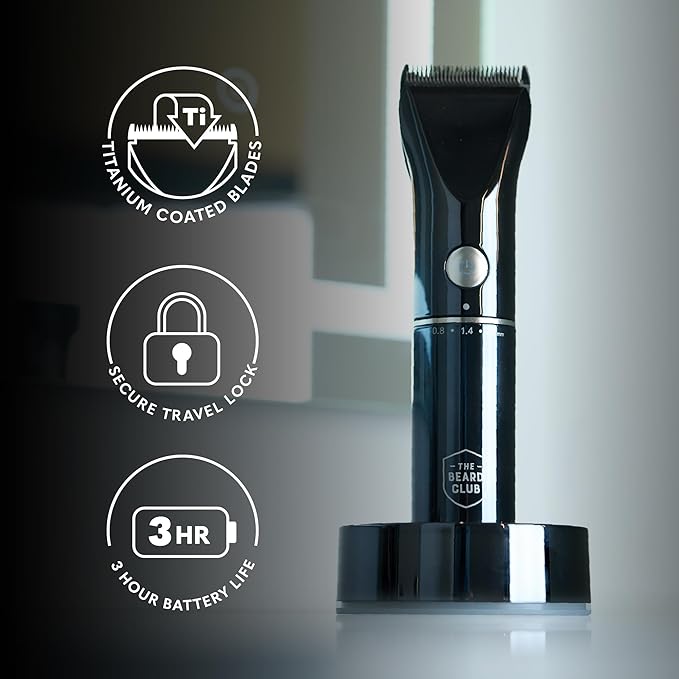 The Beard Club Beard Trimmer for Men - Electric Cordless Rechargeable Beard & Hair Trimmer - High Power 7000 RPM - 8 Color Guides 45 Unique Trim Lengths - Travel Lock