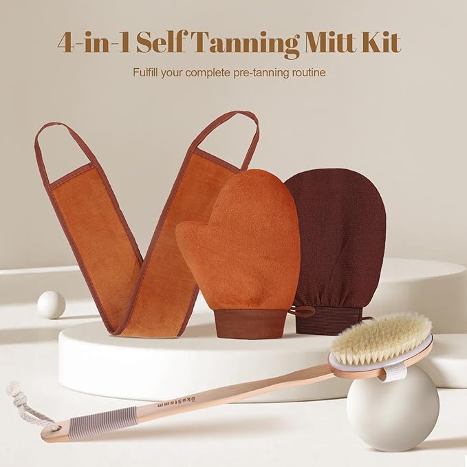 4-in-1 Self Tanner Applicator Kit - Self Tanning Mitt with Long Handle Body Brush for Back Exfoliating and Streak-free Self Tan