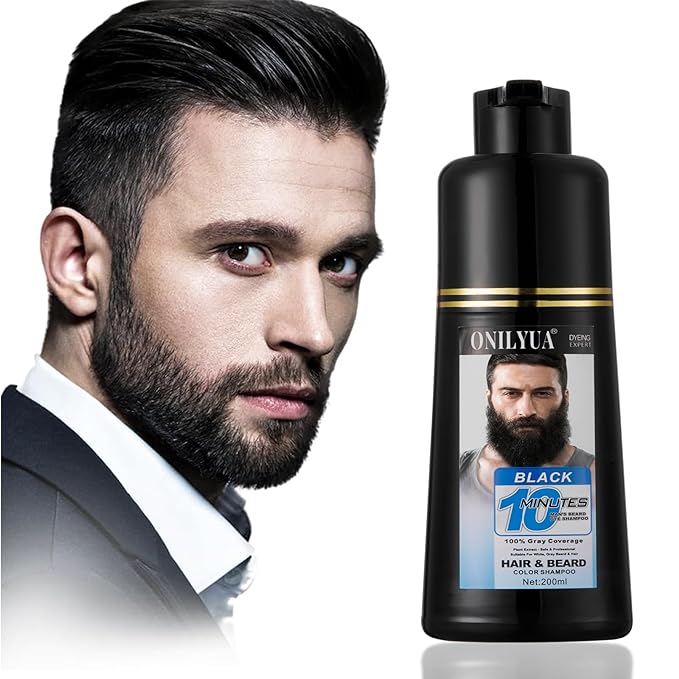 Men's 3-in-1 Black Beard & Hair Dye Shampoo, Instant Grey Darkening Beard Color Shampoo in 10 Minutes, Simpler Gray Reducing Mustache & Beard Dye for Men, with Plant Extract for Healthy Facial Hair