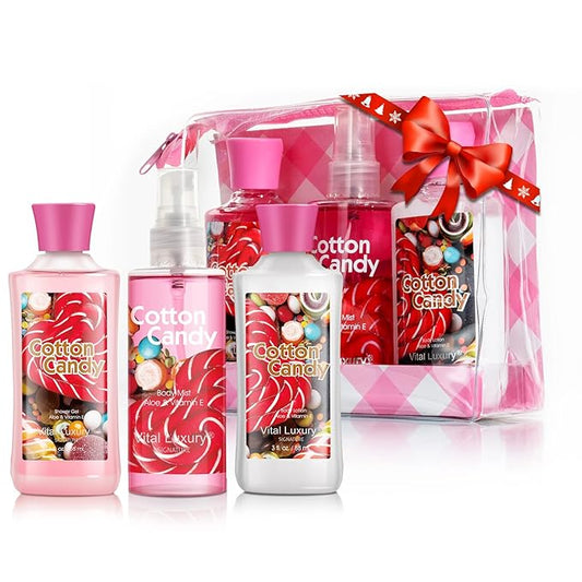 Bath & Body Care Travel Set - Home Spa Set with Body Lotion, Shower Gel and Fragrance Mist, Valentines Day Gifts for Her and Him(Cotton Candy)