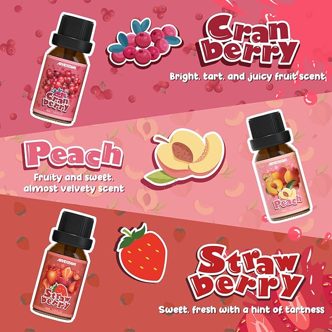ARVIDSSON Fruits Essential Oils Set, Natural Fruity Fragrance Oil for Candle & Soap Making - Sweet Orange, Pineapple, Coconut, Cranberry, Peach, Strawberry, Aromatherapy Diffuser Oils Gift Set