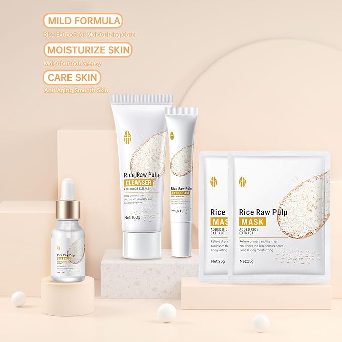 Rice Skin Care Sets For Women, 5/6Pcs Skin Care Kit, Moisturizing Skin Care Gift Set , Face Care Kit Inclusde Rice Mask, Cleanser, Toner, Lotion, Eyecream, Face Serum (5pcs Rice Raw Pulp)