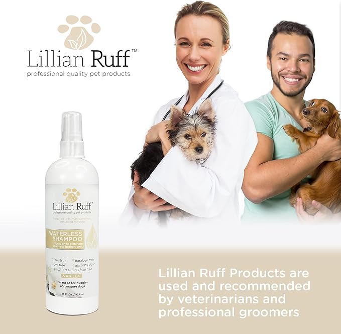 Lillian Ruff Waterless No-Rinse Dog Dry Shampoo Spray with Hydrating Essential Oils - pH-Balanced Dry Shampoo for Dogs - Clean, Condition, Detangle & Deodorize Dry, Sensitive Skin (Vanilla)