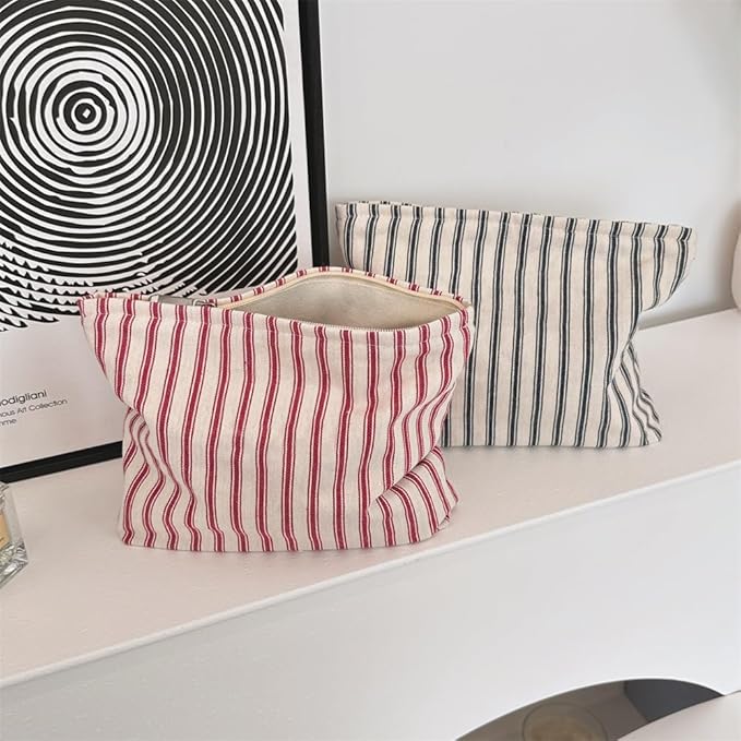 PAZIMIIK Makeup Bag Large Cotton Zipper Pouch for Purse Travel Canvas Make Up Organizer for Women Cosmetic,Vintage Stripe Red