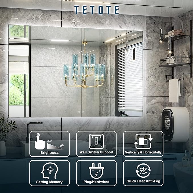 TETOTE 55 x 36 Inch LED Mirror Bathroom Backlit,Anti Fog,Dimmable,Vanity Lighted Mirror,(Horizontal/Vertical)