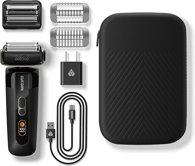 MANSCAPED® The Chairman™ PRO Men’s Electric Foil Face Shaver - Two Interchangeable Blade Heads, SkinSafe® Four-Blade Foil & Stubble Trimmer, USB-C Wireless Compatible Charging, Gentle on Neck