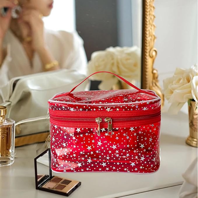 Holographic Makeup Bags Bulk,Clear Storage Bag Toiletry Pocket Portable Zippered Iridescent Pouch Waterproof Cosmetic Gift Bags for Women (Orange-L)