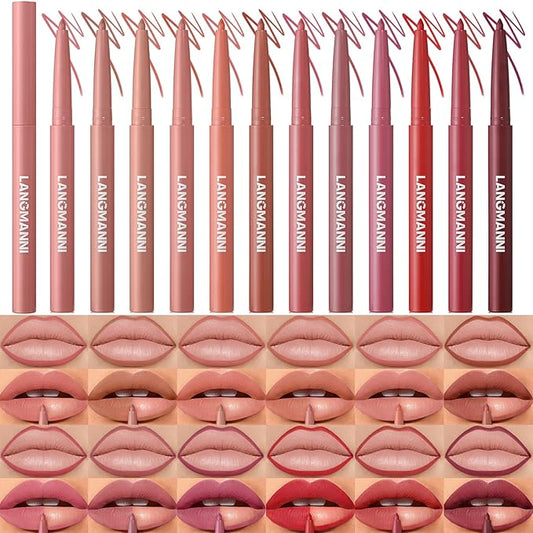 LANGMANNI 12 Colors Sculpting Matte Velvet Lip Liner Set,Smooth Creamy Texture,Waterproof And High Pigmented For Girls Daily Application Lip Makeup
