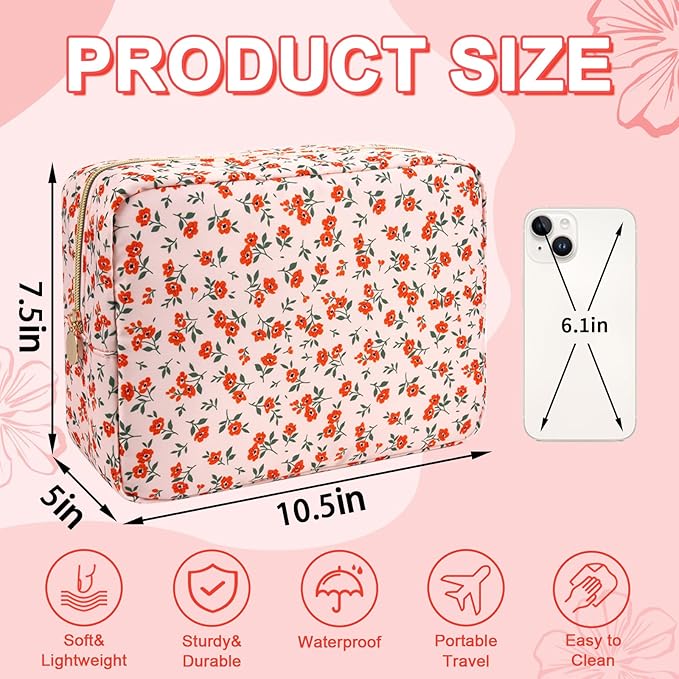 Waterproof Large Floral Makeup Pouch,Nylon Travel Toiletry Storage Purse Preppy Cosmetic Bag for Women Girl,Large Capacity Makeup Organizer Zipper Pouch for Work(L Pink-Flowers)
