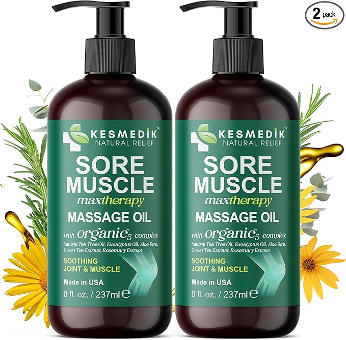 Sore Muscle Massage Oil for Massage Therapy with Arnica, Eucalyptus & Tea Tree Oil Blend for Deep Muscle Relief, Recovery, Softens Skin & Anti-Cellulite Massage for Professional & Home Use, 2-Pack