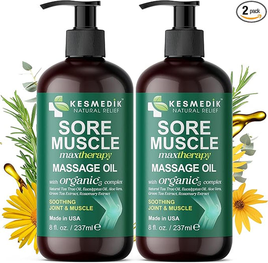 Sore Muscle Massage Oil for Massage Therapy with Arnica, Eucalyptus & Tea Tree Oil Blend for Deep Muscle Relief, Recovery, Softens Skin & Anti-Cellulite Massage for Professional & Home Use, 2-Pack