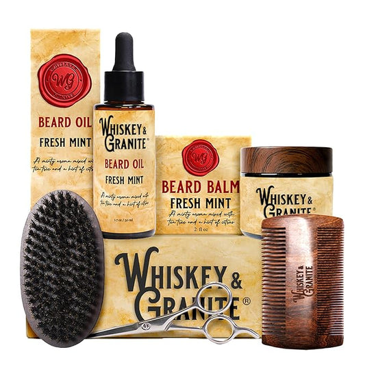 Whiskey & Granite Beard Kit for Men – 100% Natural Ingredients (Fresh Mint). Includes beard oil and balm, comb, brush, and scissors.