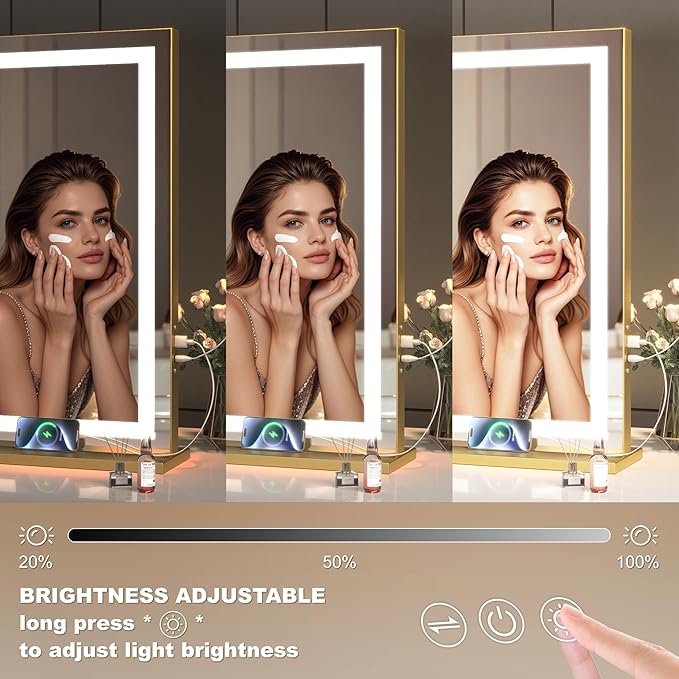 Hasipu Vanity Mirror with Lights, 23" x 18" LED Makeup Mirror, Lighted Makeup Mirror with Dimmable 3 Modes, Touch Screen Control Vanity Mirror Square Gold