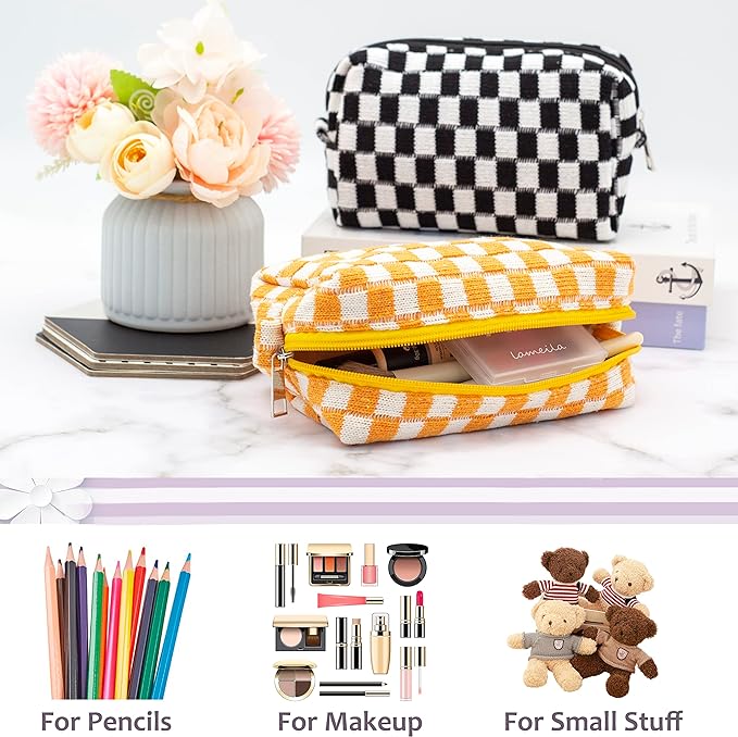 PAZIMIIK Checkered Makeup Bag for Purse Portable Zipper Make Up Pouch Small Cosmetic Case for Travel Accessories (6PCS Orange)