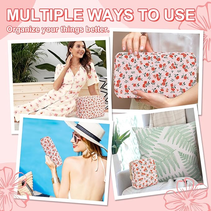 Waterproof Mini Floral Makeup Bag Pouch for Purse,Nylon Flower Cosmetic Travel Bag Small Preppy Toiletry Organizers Bag for Women Girl,Cute Zipper Pouch Coin Purse for Work(Mini Pink-Flowers)