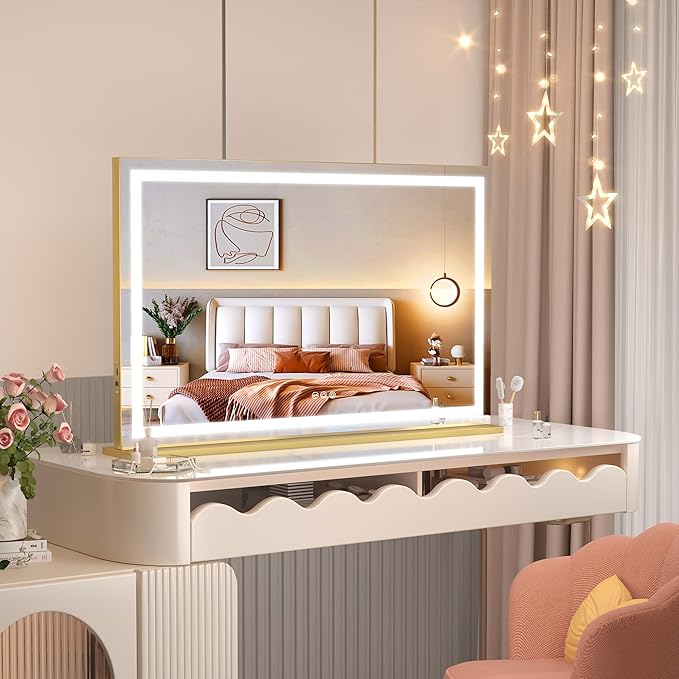 Hasipu Vanity Mirror with Lights, 23" x 18" LED Makeup Mirror, Lighted Makeup Mirror with Dimmable 3 Modes, Touch Screen Control Vanity Mirror Square Gold