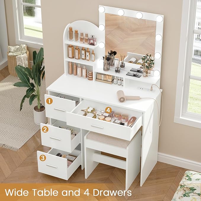 Quimoo Makeup Vanity with 10 Light Bulbs and Charging Station, Vanity Desk with Lighted Mirror & 4 Drawers, Vanity Table Set with Cushioned Stool, White