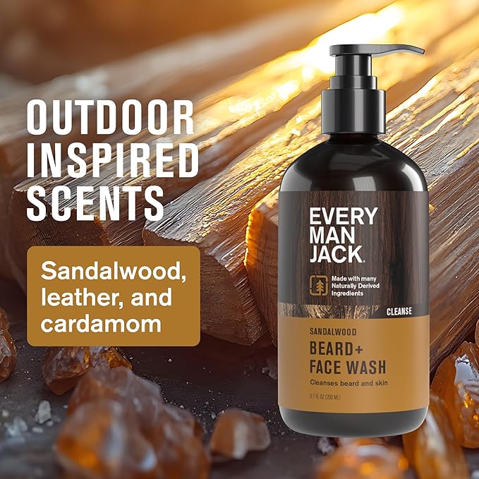Every Man Jack Sandalwood Beard Wash - Cleanse, Soften, and Hydrate for a Healthier Beard - Made w/Naturally Derived Ingredients like Aloe Vera and Coconut - 6.7 oz - 2 Pack