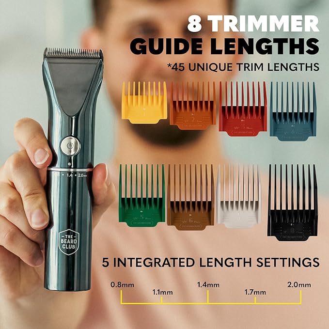 The Beard Club Beard Trimmer for Men - Electric Cordless Rechargeable Beard & Hair Trimmer - High Power 7000 RPM - 8 Color Guides 45 Unique Trim Lengths - Travel Lock