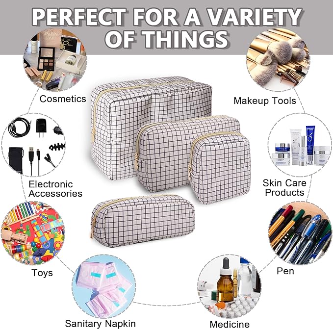 Small Pencil Case Makeup Bag for Purse, Cute Pencil Pouch Nylon Preppy Checkered Makeup Brush Bag with Zipper, Girls Portable Stationery Storage Case Small Pen Bag for Office School(Slim-Checkered)