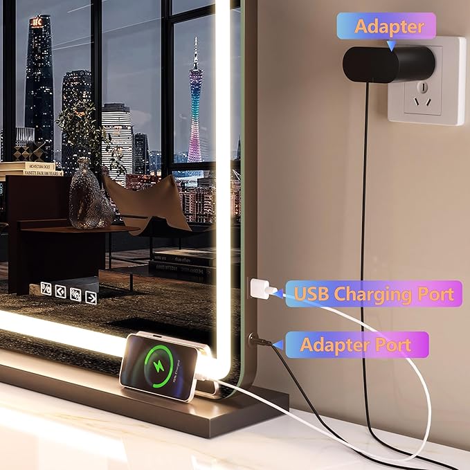 Hasipu Vanity Mirror with Lights and Bluetooth Speaker, 32" x 21.7" LED Makeup Mirror, Lighted Makeup Mirror with Dimmable 3 Modes, USB Charging Port, Round Black