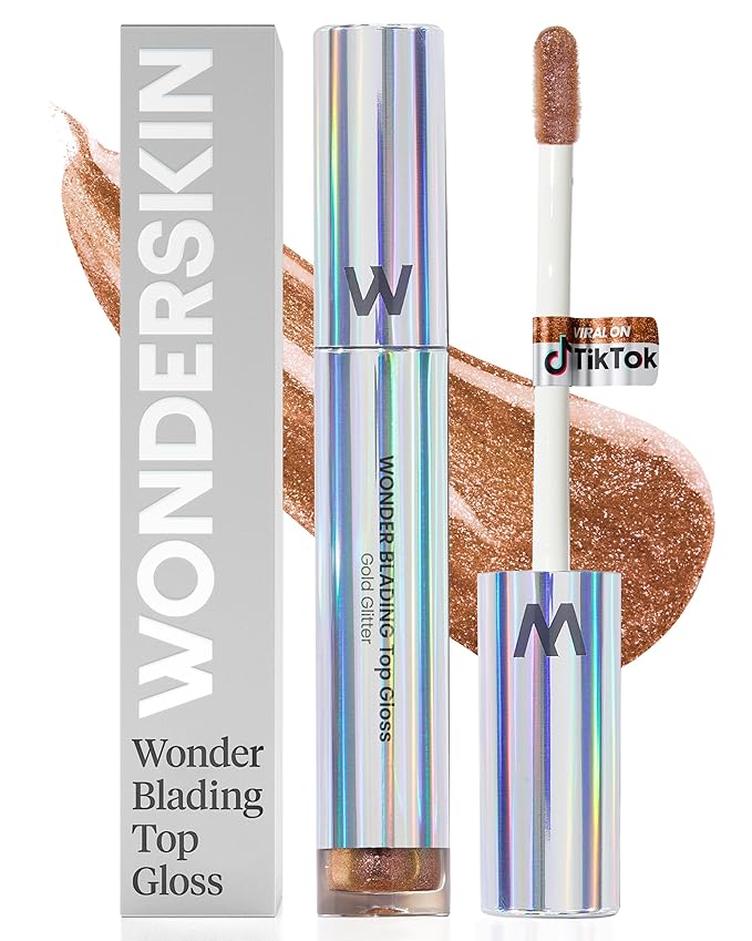 Wonderskin Lip Gloss Blading Top Gloss, Gold Glitter Lip Gloss, Hydrating and High Shine Finish Lip Makeup (Gold Glitter)