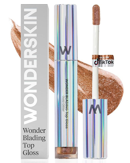 Wonderskin Lip Gloss Blading Top Gloss, Gold Glitter Lip Gloss, Hydrating and High Shine Finish Lip Makeup (Gold Glitter)