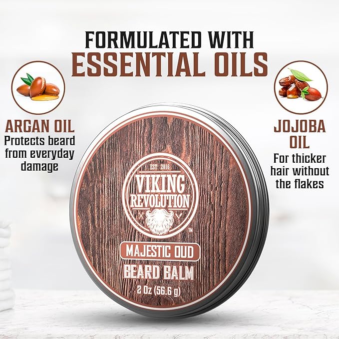 Viking Revolution Majestic Oud Beard Balm - Argan & Jojoba Beard Butter, Softener & Moisturizer with Beeswax - Wax for Men (2oz, 1 Pack)