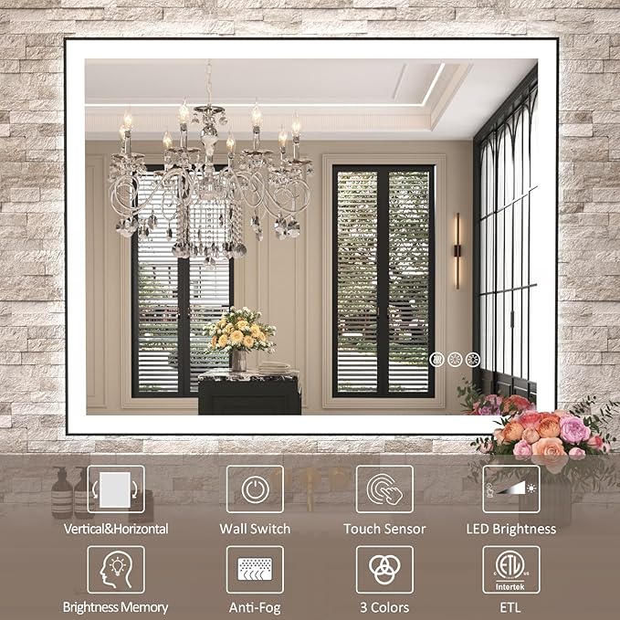 Amorho 55" X36" LED Bathroom Mirror with Black Frame, Front Light and Backlit(Controlled Separately), Stepless Dimmable, Anti-Fog, Shatter-Proof, 3 Colors, Memory