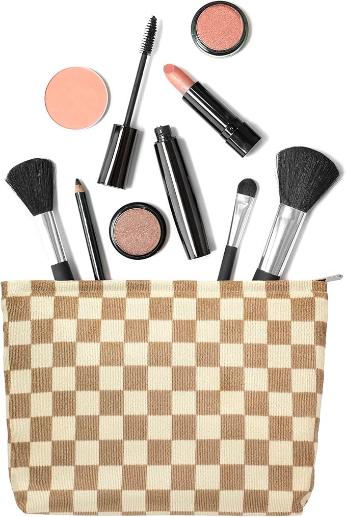 PAZIMIIK Makeup Bag Large Zipper Corduroy Make Up Pouch for Purse Travel Canvas Cosmetic Organizer for Women Brush Storage,Checkered Light Brown
