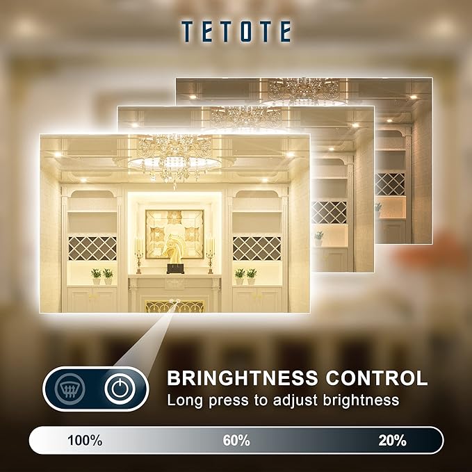 TETOTE 60 x 40 Inch LED Backlit Bathroom Mirror with Light,Anti-Fog,Dimmable,CRI90+,Water Proof,Vanity Lighted Mirror,Wall Mounted(Horizontal/Vertical)