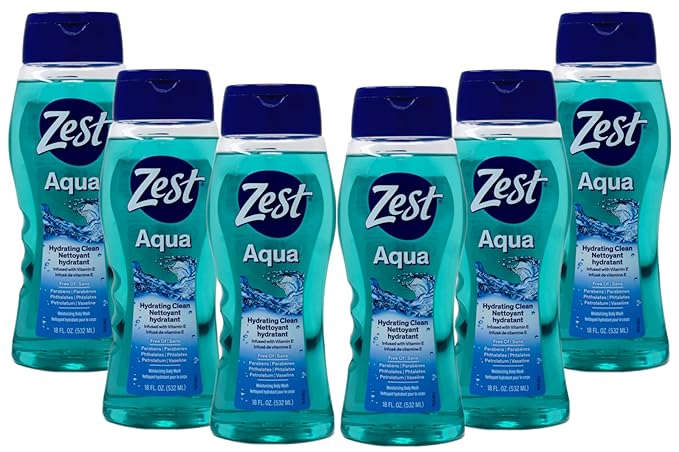 Zest Aqua Hydrating Body Wash, 18 Fl Oz (Pack of 6) - Moisturizing & Refreshing Shower Gel, Easily Lathers for a Relaxing Bubble Bath - Foaming & Exfoliating Skin Cleanser for a Smooth & Clean Skin