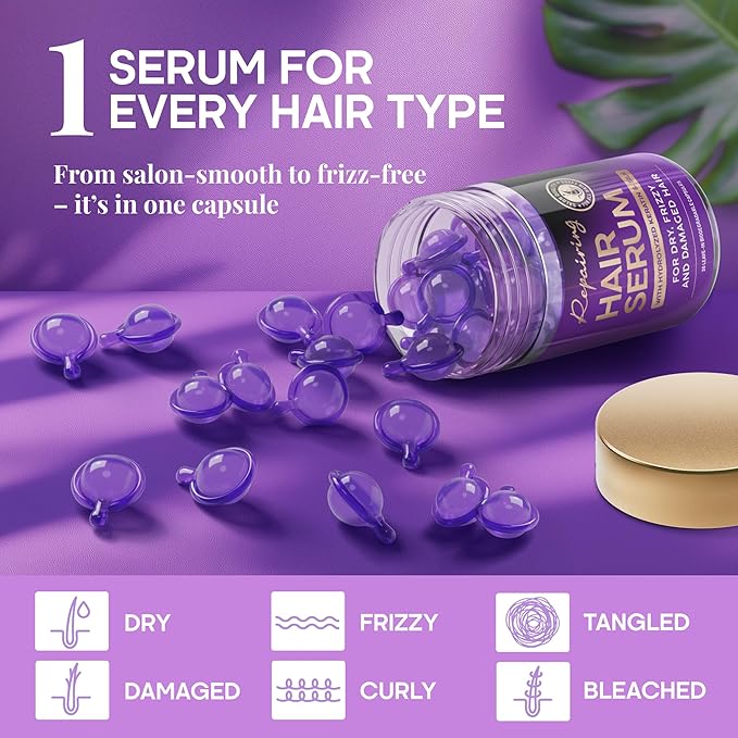 Hair Serum Capsules – Keratin & Silk Protein Hair Treatment with Argan, Coconut, Jojoba & Avocado Oils – Leave‑In Anti‑Frizz Hair Oil w/ Vitamins A, E & B5 for Dry, Damaged Hair – No Rinse, 30 ct