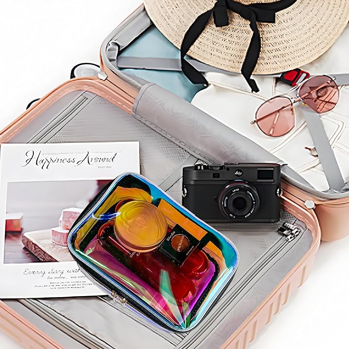 TPU Holographic Pink Makeup Bags Clear Travel Storage Bag Toiletry Pocket Portable Zippered Iridescent Pouch Waterproof Cosmetic Gift Bags for Women