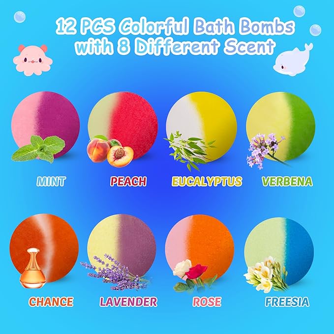 Bath Bombs for Kids, 12 Pcs Bath Bombs with Glow in The Dark Ocean Surprise Inside, Handmade Organic Bubble Bath Ball Gift Set for Boys and Girls, Gift for Birthday Christmas Easter
