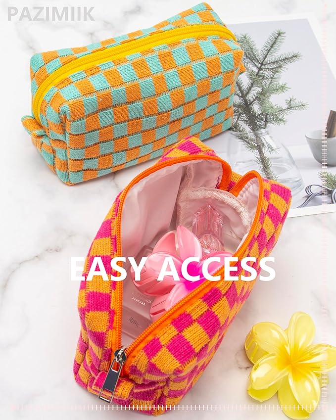 PAZIMIIK Checkered Makeup Bag for Purse Portable Zipper Make Up Pouch Small Cosmetic Case for Travel Red Orange