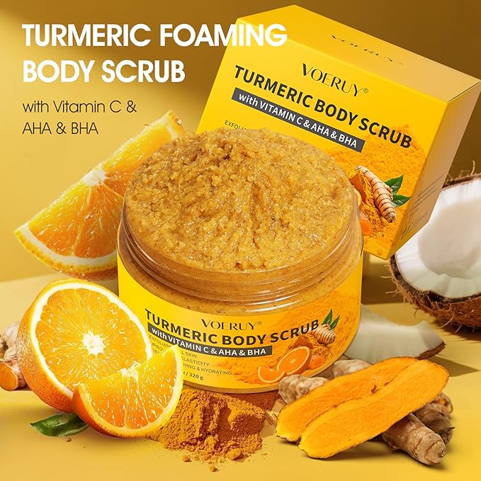 Body Scrub,Turmeric Exfoliating Body Scrub with AHA & BHA, Gentle Body Exfoliator with Vitamin C for Body Hand Foot Bikini Area, Smooth & Moisturized Skin for Women and Men - 11.3oz