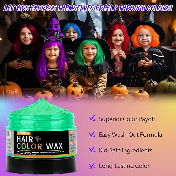 6 Colors Hair Color Wax - Green Purple Orange Pink Red Blue Washable Halloween Temporary Hair Color for Kids, Men & Women | Non-Sticky Temporary Hair Dye Wax for Cosplay, Parties & Daily Fun (4 OZ)