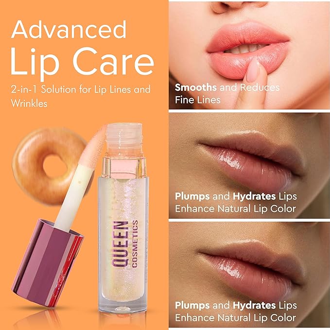 Queen Cosmetics Lip Plumper Gloss, 0.5 Fl Oz. High Shine Finish, Long Lasting Paraben Free Hyaluronic Acid & Vegan - Hydrating Lip Gloss & Moisturizing Mega Volume Lip Plumping Gloss (Glazed Donut)