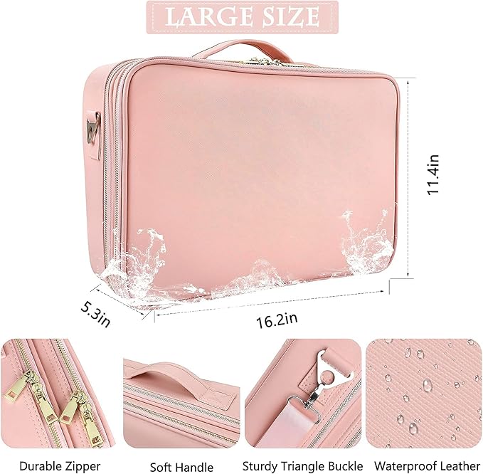 JOURMON Travel Makeup Case Portable Makeup Train Case Organizer Cosmetic Bag with Adjustable Dividers and Shoulder Strap for Makeup Brushes Toiletry Travel Accessories(Pink, L)