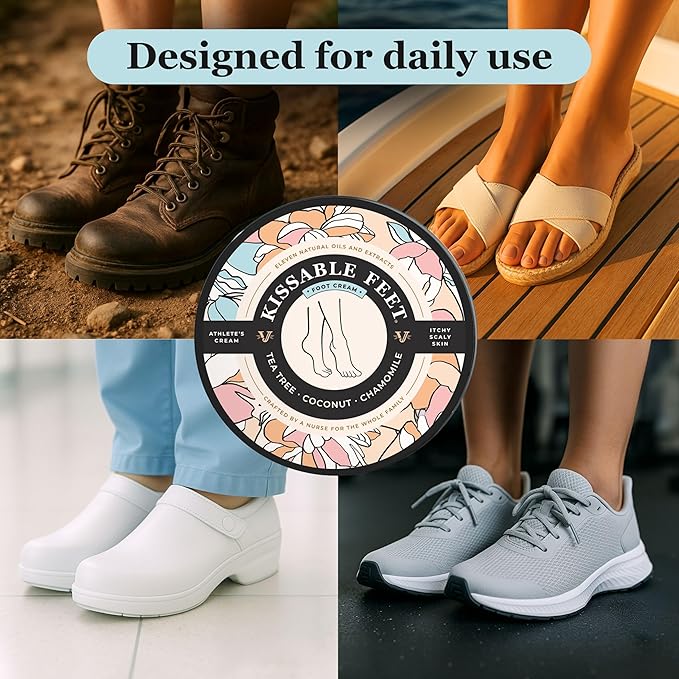 Kissable Feet, Athletes Foot Cream – Cream for Itchy, Dry Skin – Tea Tree, Coconut & Chamomile – Crafted for the Whole Family, No Sting – 3.5 oz
