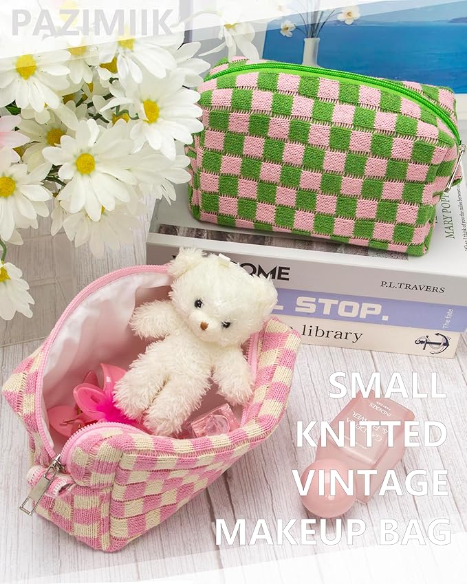 PAZIMIIK Checkered Makeup Bag for Purse Portable Zipper Make Up Pouch Small Cosmetic Case for Travel Accessories Pink Beige