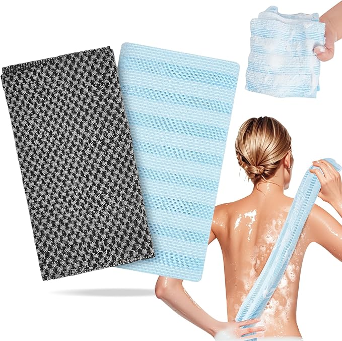 Exfoliating Washcloth Shower Towel - 2 Pack Back and Body Scrubbers for Smooth Skin | Quick-Drying, Durable, and Gentle for Sensitive Skin (Gray+Blue)