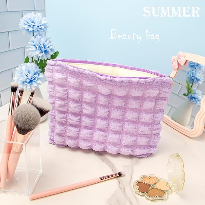 PAZIMIIK Floral Makeup Bag Large Cotton Zipper Pouch for Purse Travel Canvas Make Up Organizer for Women Cosmetic,Bubble Purple